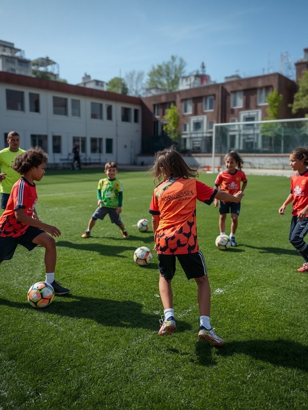 Youth football training on grass